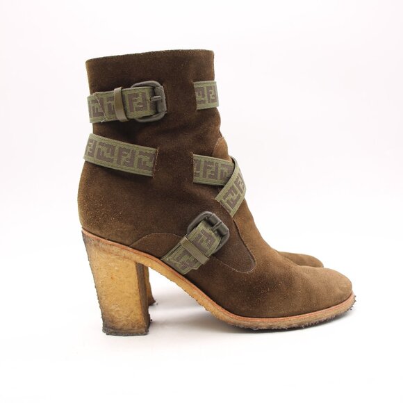 Fendi Heeled Boots Olive Green Suede Women's Size EU 38 Crepe Sole - Picture 1 of 9